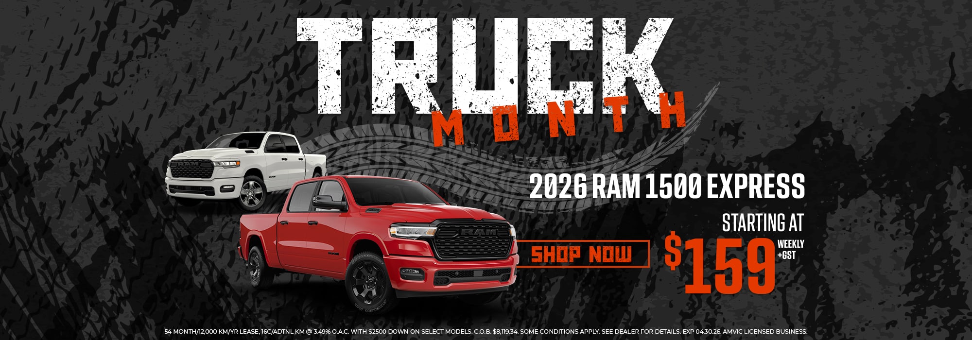 Truck Month advertisement featuring 2026 RAM 1500 Express, starting at $159 weekly.