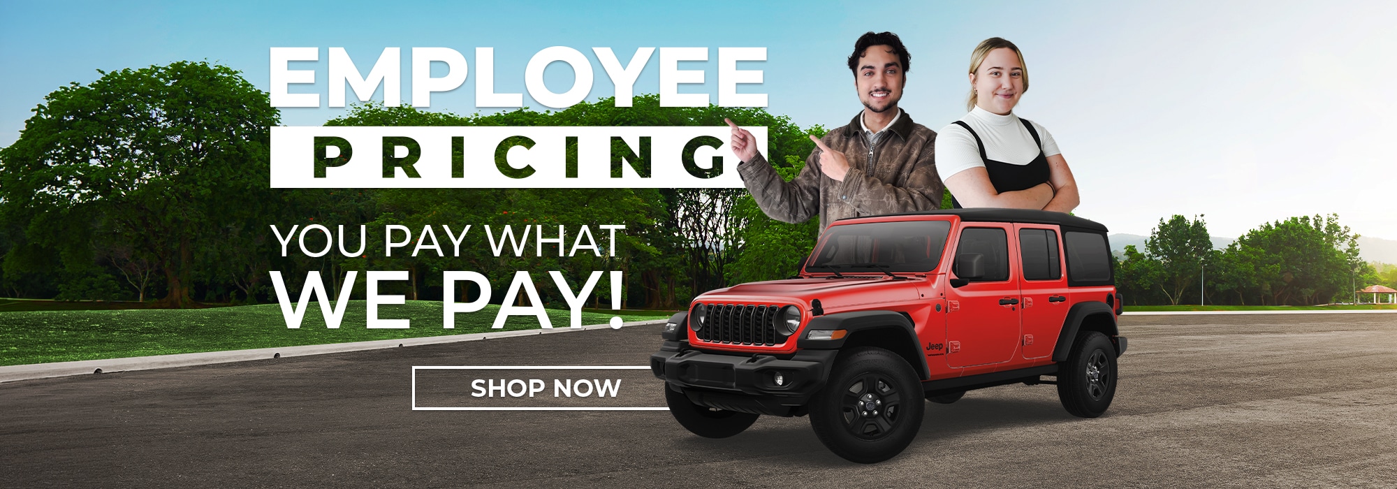 Red Jeep with "Employee Pricing" offer, two people smiling, and "Shop Now" button in scenic background.