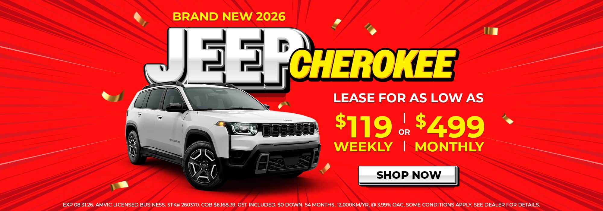 2026 Jeep Cherokee ad with lease options starting at $119 weekly or $499 monthly.