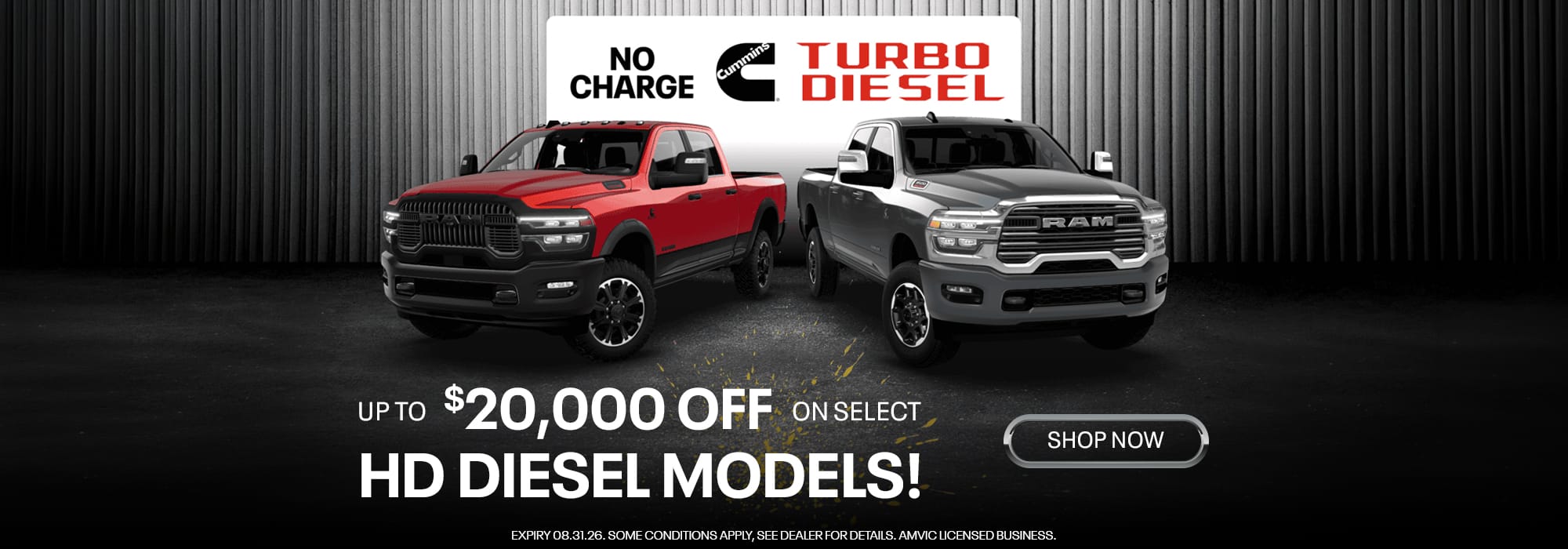 Red and silver trucks with a "No Charge Turbo Diesel" offer and $20,000 discount on HD models. Shop now prompt included.