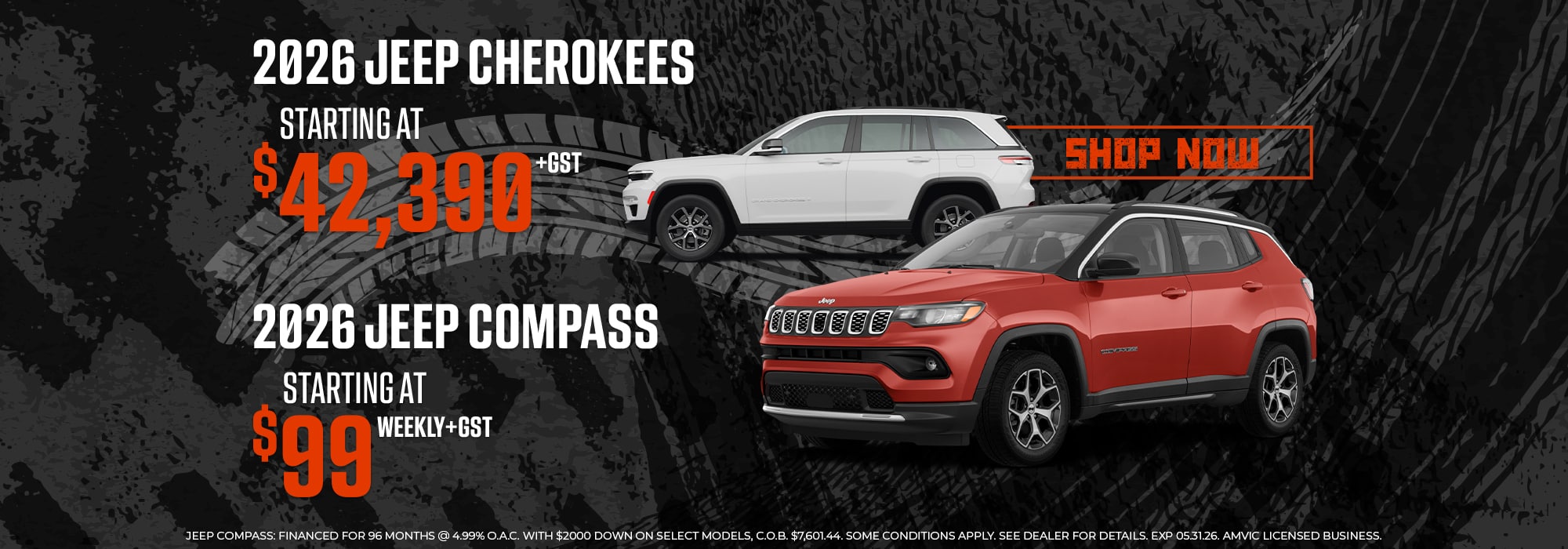 2026 Jeep Cherokees and Compass ad with pricing details. "Shop Now" call to action included.