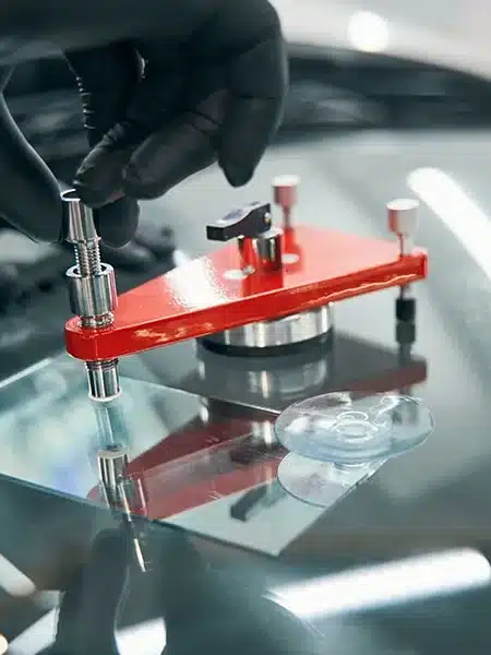 Windshield repair tool being used by a technician with a gloved hand.