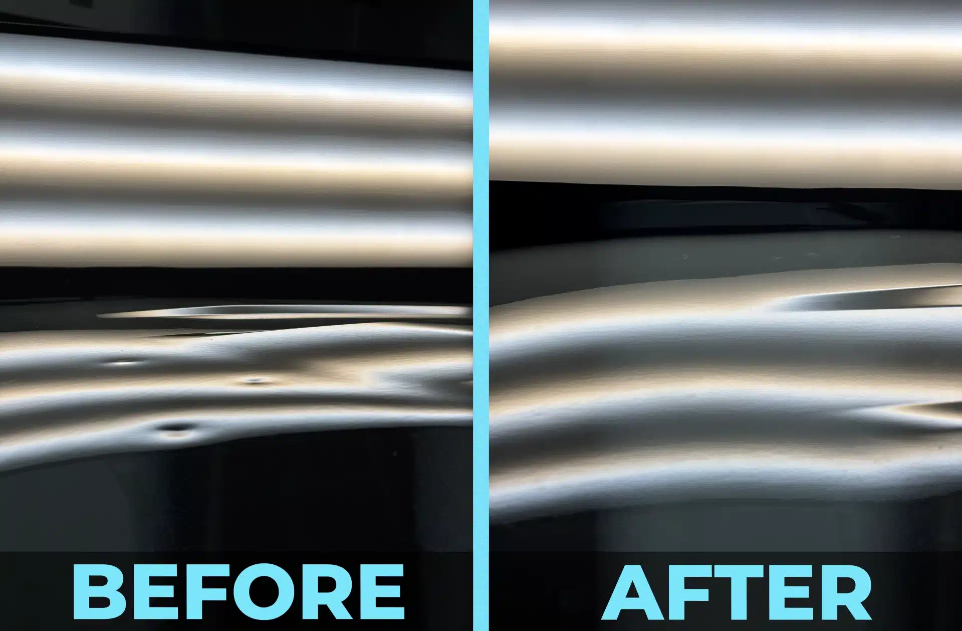 Side-by-side comparison showing a reflective surface with visible dents before and after repair.
