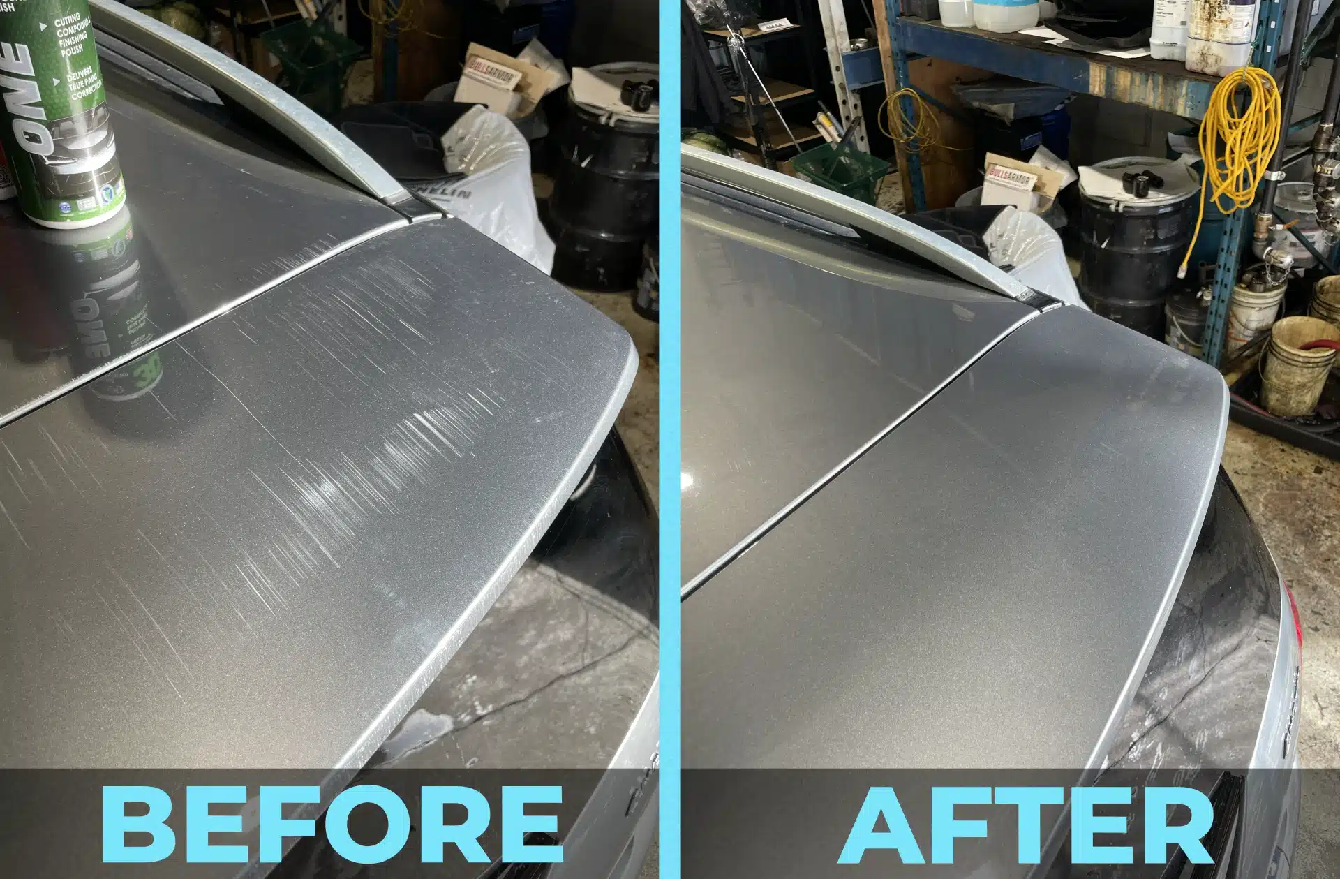 Car trunk before and after scratch removal, showing visible improvement.