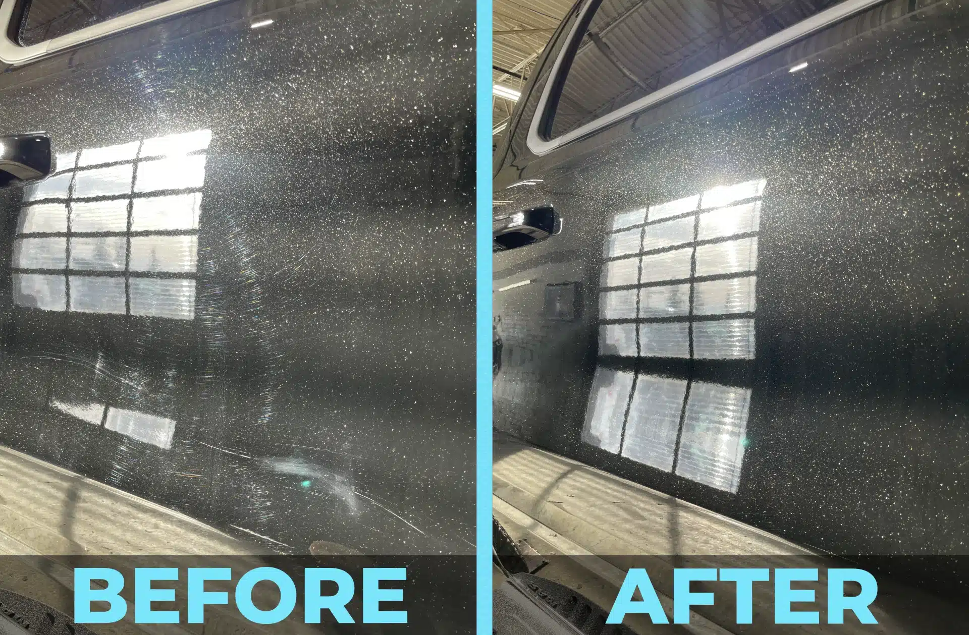 Car door before and after detailing, showing reduction of scratches and improved shine.