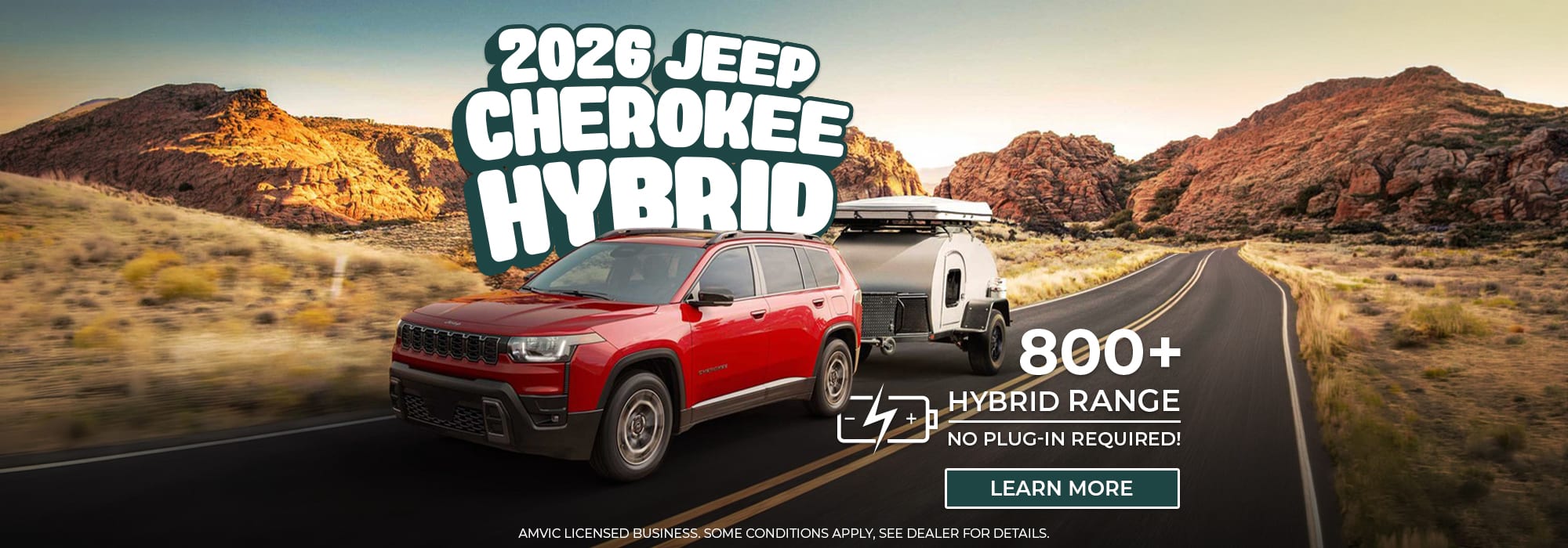 Red Jeep Cherokee Hybrid towing a trailer in a desert landscape, text highlights 800+ mile hybrid range.