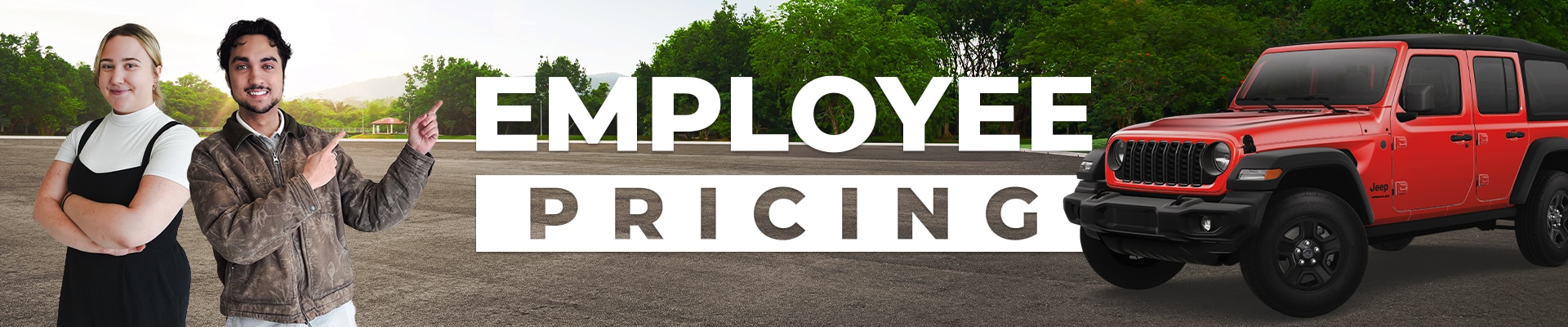 Two smiling men next to "Employee Pricing" text and a red Jeep Wrangler on a paved surface with trees.