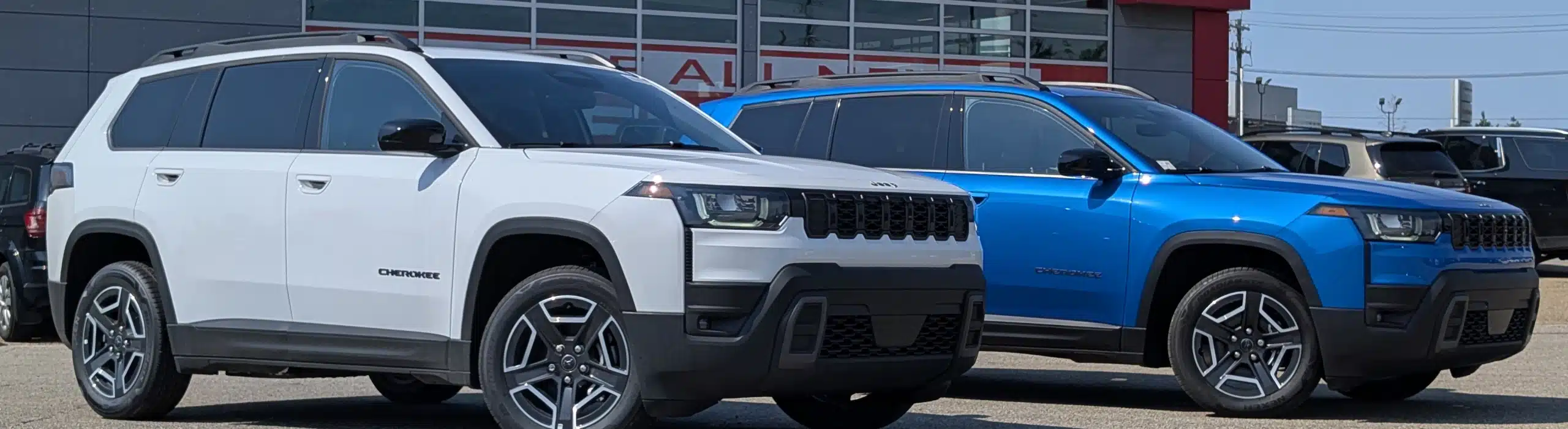 White and blue SUVs parked in front of a dealership, showcasing modern design.
